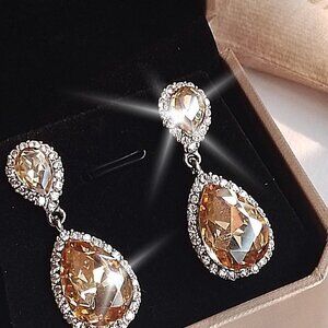 925 Silver Sterling Long Champaign Earrings Simulated Crystal Diamonds
